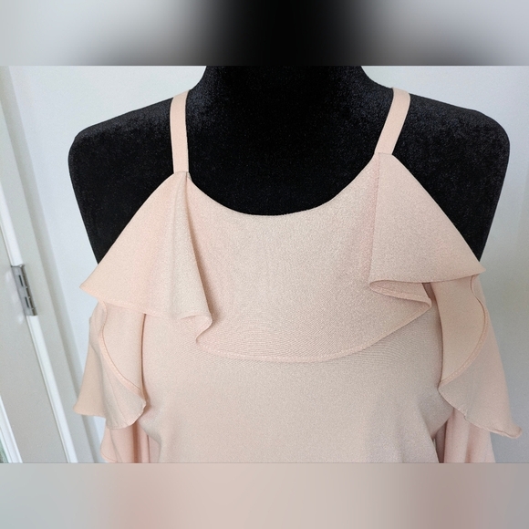 Marchesa Rose women Blush Pink Ruffle Cold Shoulder Long Sleeve Mini Dress Sz M - Picture 3 of 11